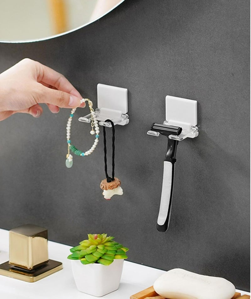 JWCE . Self-Adhesive Foldable Hook | Wall-Mounted Power Cord Organizer | Razor Holder | Multi-Purpose Hanging Hook for Kitchen & Bathroom | 4-Pack↳ (4, White+Clear) - Image 2